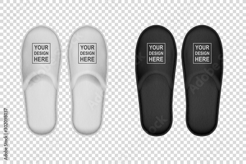 Vector Realistic White and Black Detailed Hotel Slippers Icon Set Closeup Isolated on White Background. Design Template of Home, Bath Soft Slippers for Mock Up. Comfortable Footwear Concept. Top View