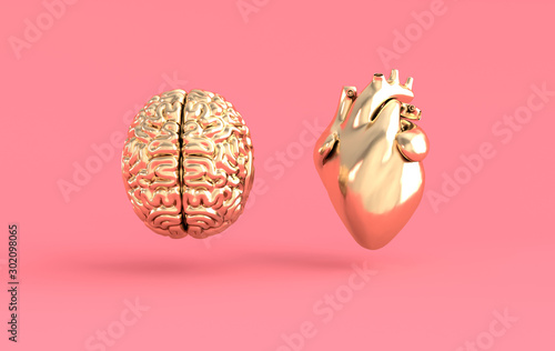 Heart and brain 3d rendering. Emotions and rational thinking conflict concept. Soul and intelligence balance