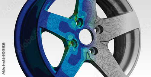 wheel engineering with finite element analysis and transition between geometry, mesh and von mises stress plot photo