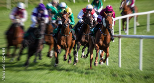 horse race around the track, zoom motion blur effect