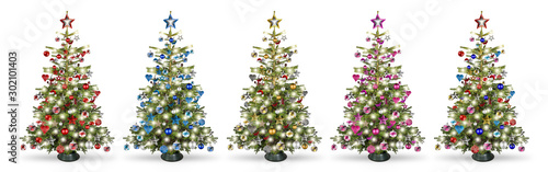 Set collection of natural nordmann christmas tree, decorated with silver red blue gold pink and silver wooden baubles stars hearts and led lights isolated white background.