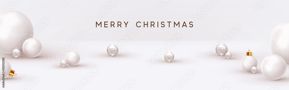 Christmas background, with 3d white balls, glass spheres, round shapes. Minimal Abstract Xmas design. vector illustration - obrazy, fototapety, plakaty 