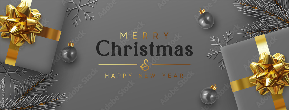 Christmas background. Xmas design realistic gift boxes with golden lush bow, pine branches, fir spruce branch, decorative balls. 3d dark gray snowflake. Flat lay, top view. New year's composition - obrazy, fototapety, plakaty 