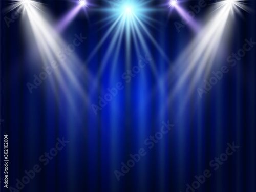 Stage projector light on the scene blue curtains banner background for concert, performance, advertisement posters. Elegant event illumination on empty space ready for the evening party, broadway show