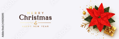 Merry Christmas and Happy New Year. General view flat, flower red Poinsettia flor de Navidad. Symbol Christmas Holiday Flower Star Euphorbia pulcherrima. gift boxes, glitter gold confetti, Xmas ball.