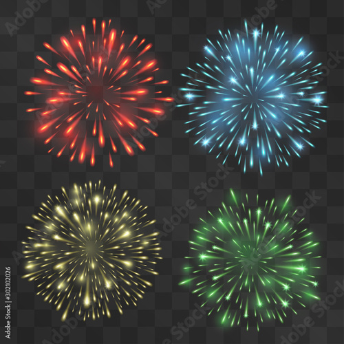 Fireworks light effect set with four shining bright decorative design elements for posters, banners, invitations. Glowing brilliant round shape neon backgrounds in yellow, blue, red and green colors.