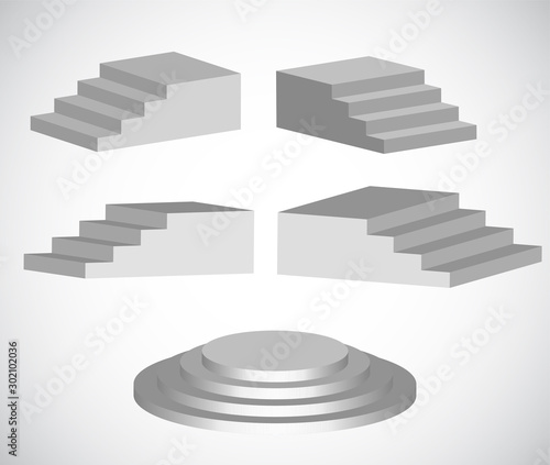 Three dimensional white stairs set  paper or cement style vector steps  fame  celebrity symbol. Podium icon  success  progress  presentation winning isolated on white. Climbing career stairways idea.