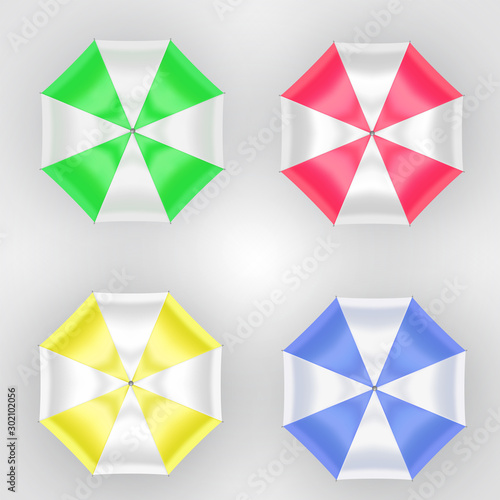 Summer top view umbrella vector set isolated on white. Seashore recreation tourism. Sun protection 3d icon. Tropical holidays vacation symbol. Beach relaxation under the colorful awning on a sunny day