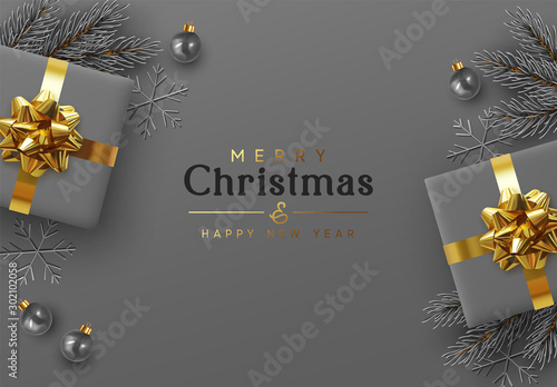 Christmas background. Xmas design realistic gift boxes with golden lush bow, pine branches, fir spruce branch, decorative balls. 3d dark gray snowflake. Flat lay, top view. New year's composition