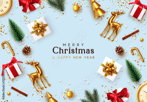 Christmas background. Xmas decoration design, gold deer, antique clock, realistic gift boxes, lush spruce, metal pine, glitter confetti, different ornaments. Festive decorative items, flat top view.