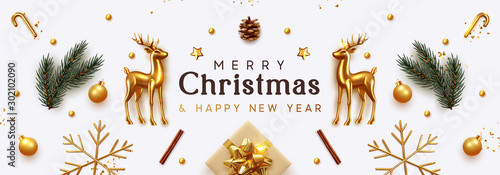 Christmas banner. Xmas Background with realistic objects, Gold Metal Deer, spruce branches, gift boxes. New Year's traditional decorations, viewed from above. Horizontal poster, header, website.