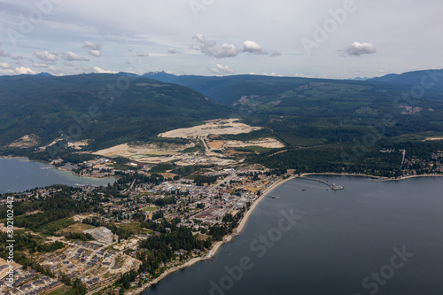 Aerial View of a Sechelt, small town on Sunshine Coast, located Northwest of Vancouver, British Columbia, Canada. Taken during a sunny summer morning.