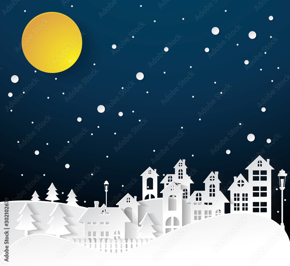 Winter Snow Urban Countryside Landscape City Village with full moon,Happy new year and Merry christmas