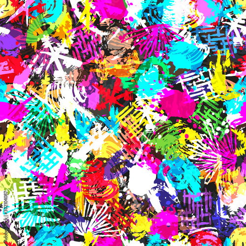 Graffiti on a geometric background seamless pattern