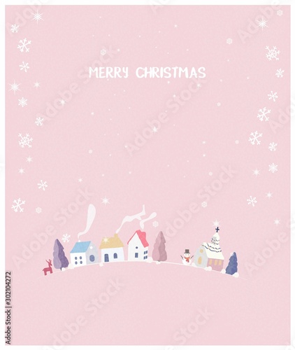 Vector illustration of a Christmas winter landscape postcard.Retro pastel pink color tone.Wonderland colorful village with  hut ,snowman and deer.Minimal winter concept with noise and grainy.