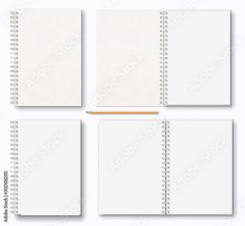 realistic blank open, closed brown beige paper texture notebook with white metal spiral on left, wooden pencil, top view, stock vector illustration clipart objects set isolated on white background