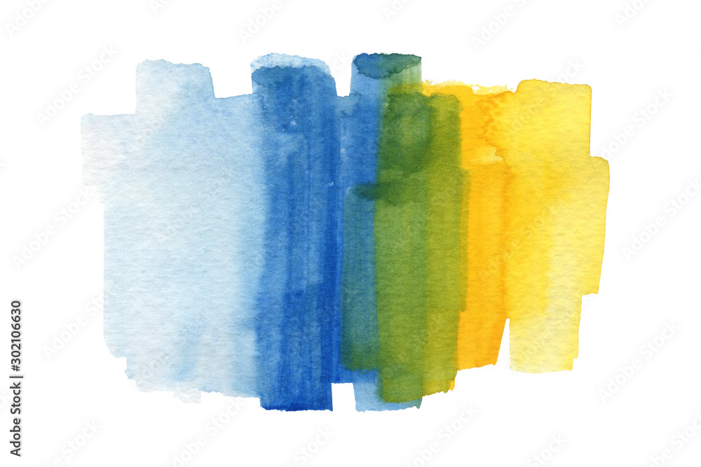 Colorful blue and yellow watercolor paint mixing into green using wet on wet technique on rough texture paper for graphic design purpose