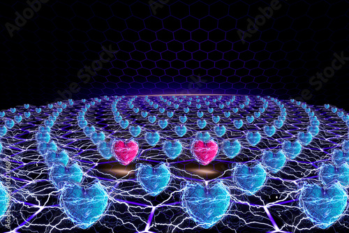 There is digital platform with blue and red/pink hearts. There is connect between these hearts like lightning. Happy Valentine's Day