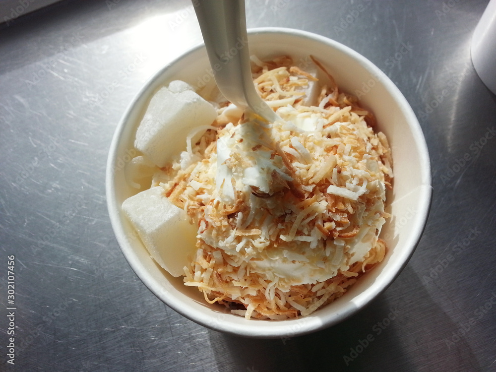 Plain original flavor frozen yogurt in take out bowl with compostable spoon. Topped with toasted coconut and mochi / Overhead close up view on stainless steel surface Plain original flavor frozen yogurt in take out bowl with compostable spoon. Topped with toasted coconut and mochi / Overhead close up view on stainless steel surface