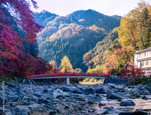 Red bridge at Korankei valley, located at Aichi, Japan, This is one of the best spots to see leaves change color in autumn season .