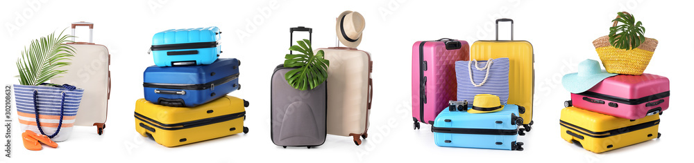 Set of suitcases on white background - obrazy, fototapety, plakaty 