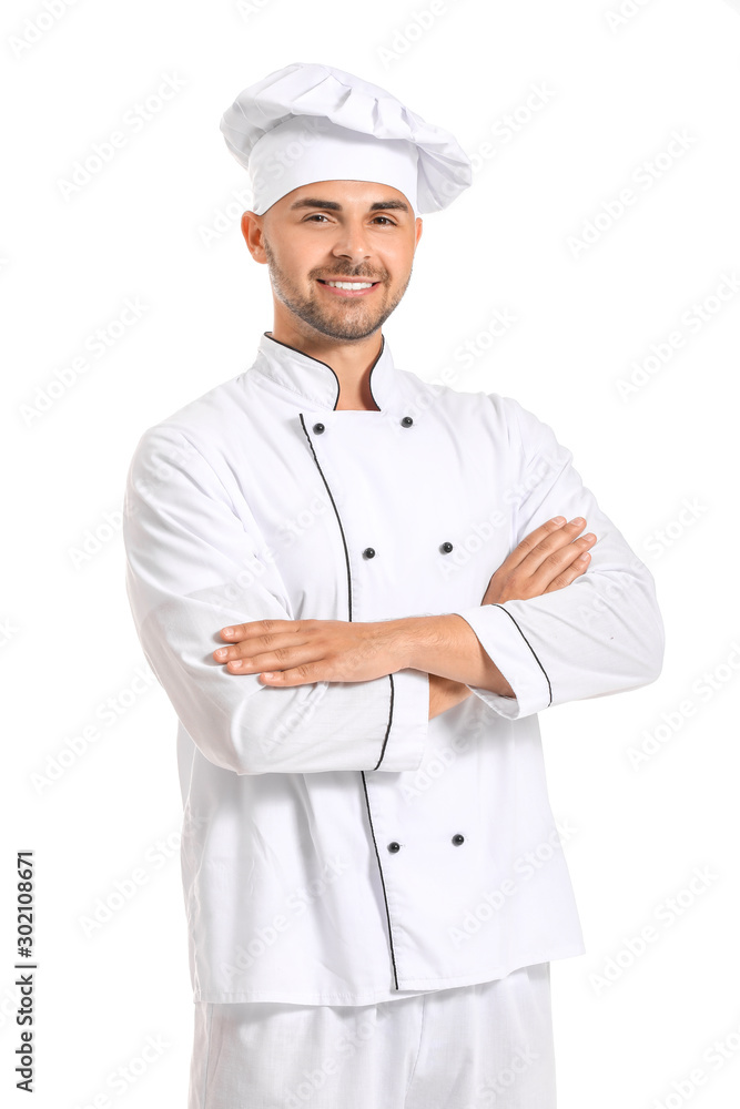 Portrait of male confectioner on white background