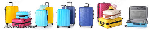 Set of suitcases on white background photo