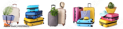Set of suitcases on white background photo