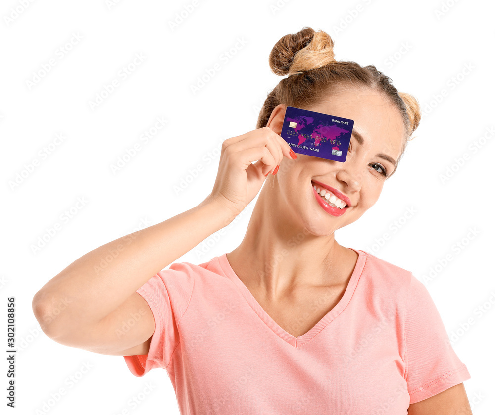Young woman with credit card on white background Young woman with credit card on white background
