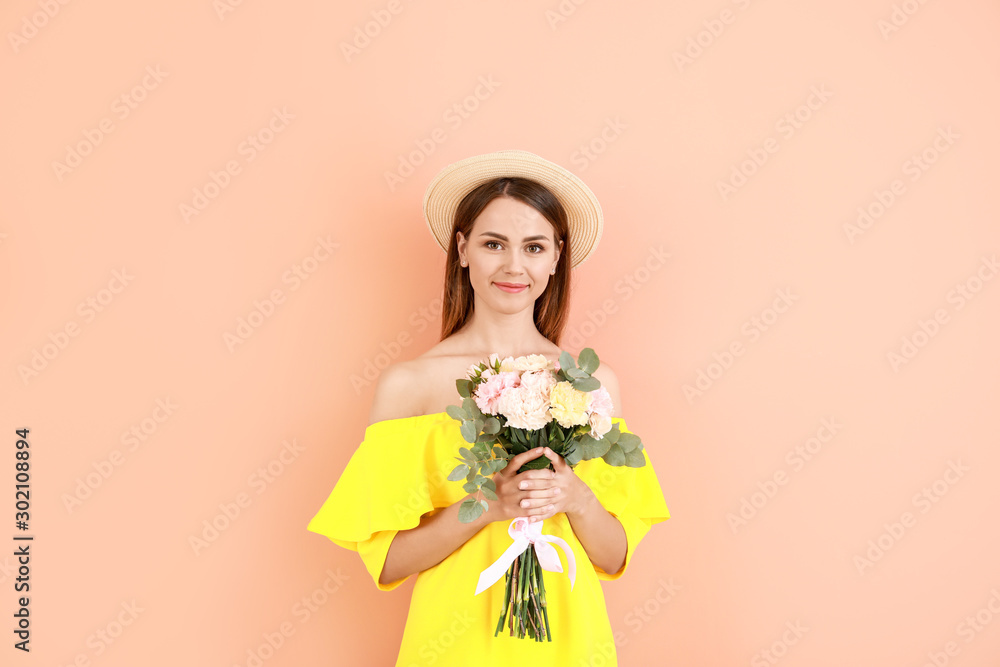 Beautiful young woman with bouquet of carnation flowers on color background Beautiful young woman with bouquet of carnation flowers on color background