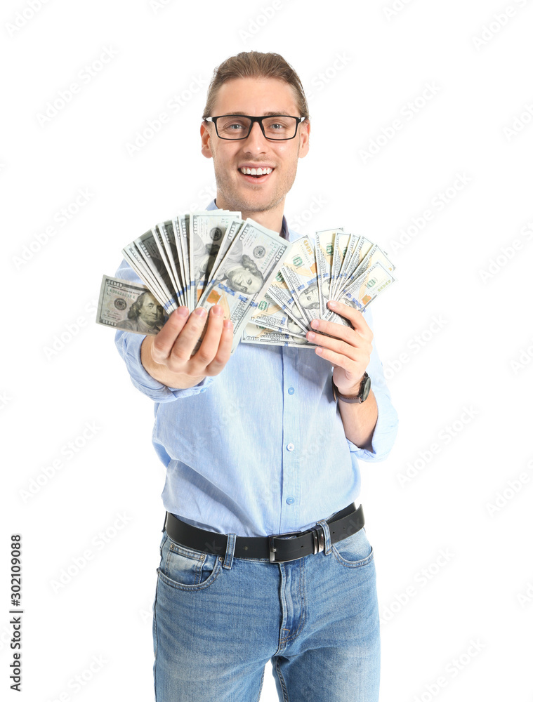 Handsome young man with money on white background Handsome young man with money on white background