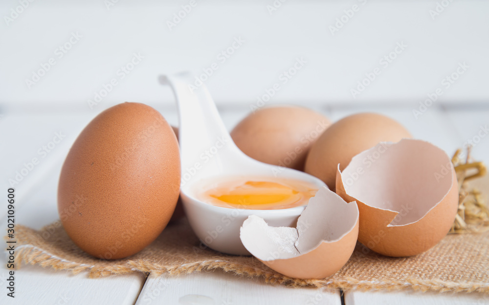Eggs chicken on white wood background Eggs chicken on white wood background