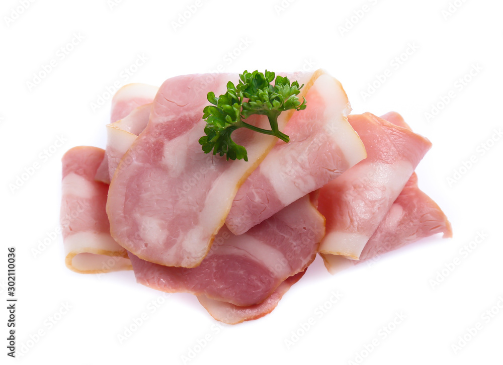 Fresh sliced bacon on white background Fresh sliced bacon on white background