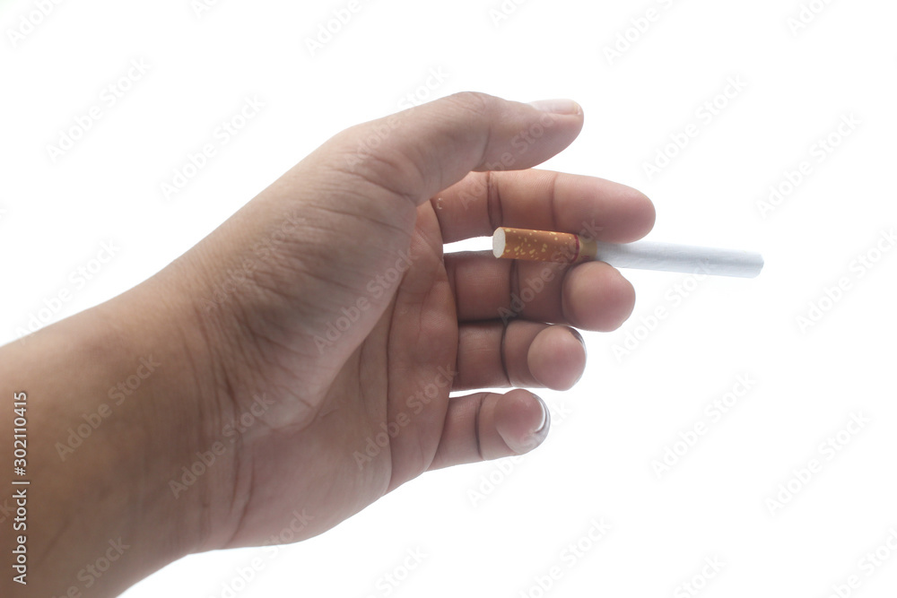Hand, holding cigarette on white background Hand, holding cigarette on white background
