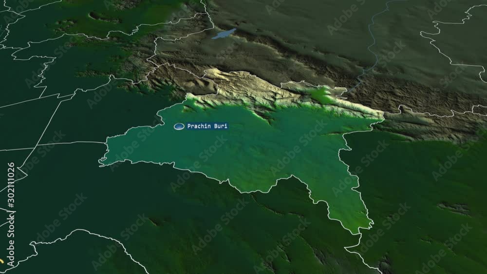 Prachin Buri - province of Thailand with its capital zoomed on the physical map of the globe. Animation 3D Prachin Buri - province of Thailand with its capital zoomed on the physical map of the globe. Animation 3D