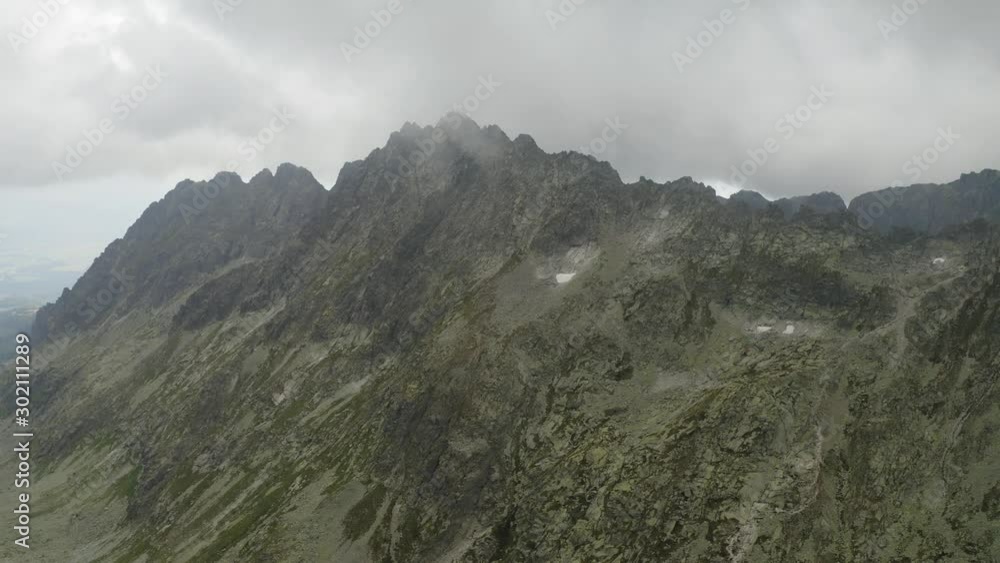 Mountain Range With Amazing Cloudy Sky In the Background Near Skok Waterfall and Hrubý vrch in the High Tatras Mountains in Slovakia - Aerial shot Mountain Range With Amazing Cloudy Sky In the Background Near Skok Waterfall and Hrubý vrch in the High Tatras Mountains in Slovakia - Aerial shot