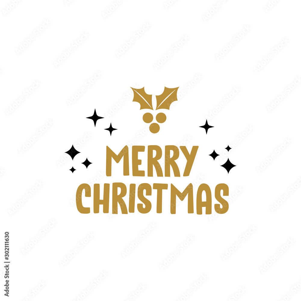 Merry christmas text with holy berry leaves. Xmas greeting card design.