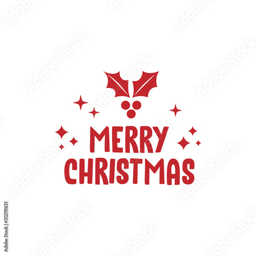 Merry christmas text with holy berry leaves. Xmas greeting card design.