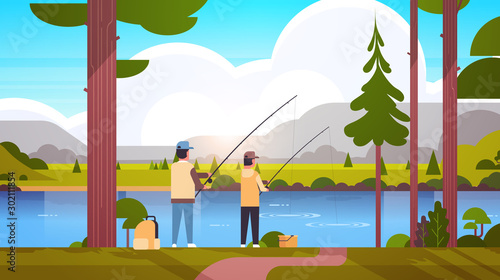 father and son fishing together rear view man with little boy using rods happy family weekend fisher hobby concept sunset mountains landscape background flat full length horizontal vector illustration