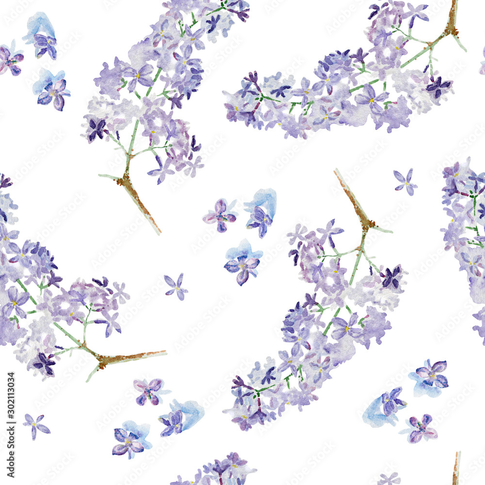  Seamless pattern with lilac flowers on white background