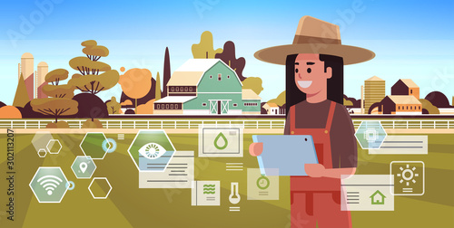 woman farmer with tablet monitoring condition controlling agricultural products organization of harvesting smart farming concept farm building landscape background flat horizontal portrait vector
