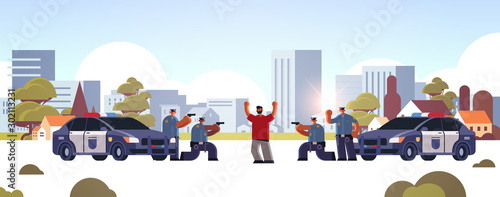 arrested criminal character with raised arms robber caught by police officers theft security authority justice law service concept cityscape background full length horizontal vector illustration