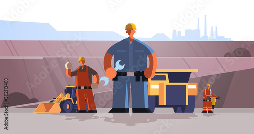builders workmen using wrench and jackhammer industrial construction workers in uniform near mining transport building coal mine production concept opencast stone quarry background full length vector