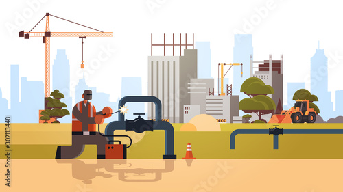 welder in protective mask welding big pipe steel pipelines workman in uniform building concept construction site background flat full length horizontal vector illustration