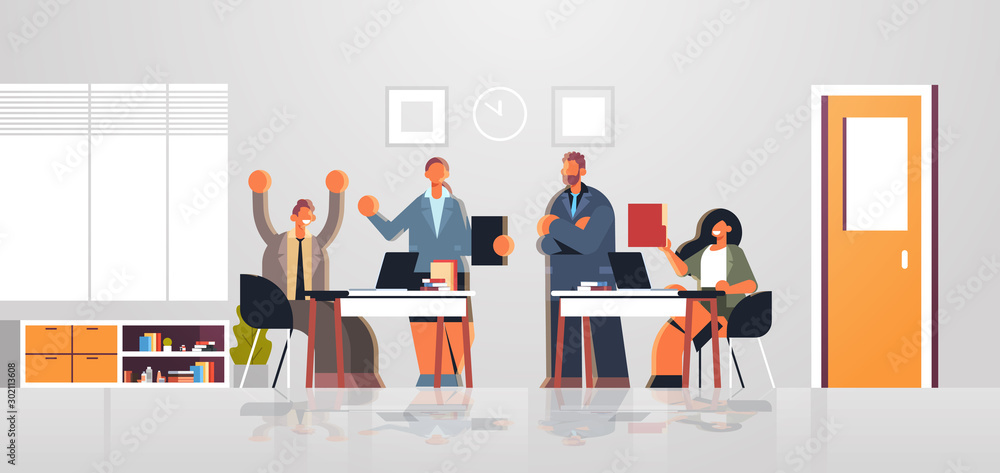 businesspeople team duscussing new project business people brainstorming during meeting successful teamwork concept modern office interior flat full length horizontal vector illustration