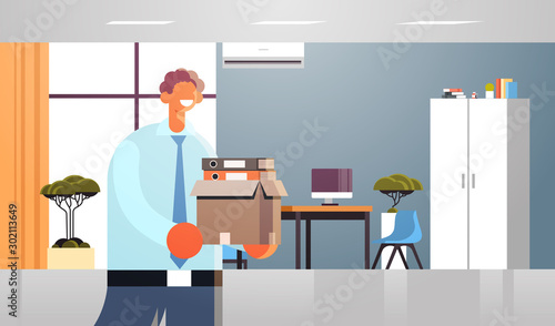 businessman holding box with stuff things happy business man in formal wear new job employment concept modern office interior flat portrait horizontal vector illustration