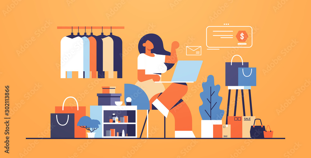 woman with laptop using computer application online shopping concept big fashion shop female clothes boutique interior flat full length horizontal vector illustration - obrazy, fototapety, plakaty 
