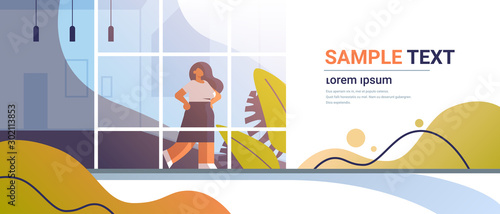 businesswoman standing near window modern office interior business woman in formal wear planning future project business vision concept flat full length vector illustration