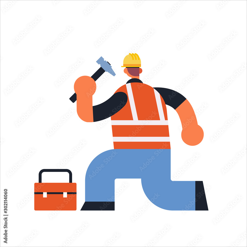 Fototapeta premium male builder using hammer and toolbox busy workman industrial construction carpenter worker in uniform building concept rear view flat full length vector illustration