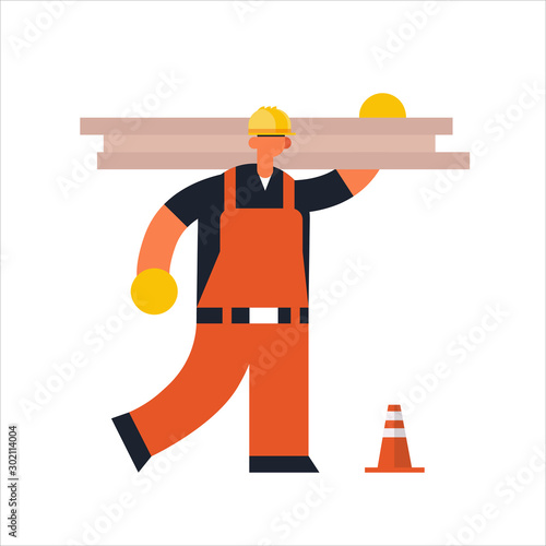 male builder carpenter carrying planks workman in orange uniform industrial construction worker building concept flat full length vector illustration